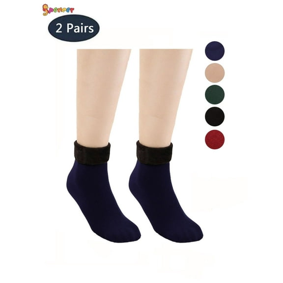 Spencer 2 Pack Women's Winter Warm Fleece Lined Socks Solid Thick Thermal Stretchy Crew Socks for Cold Weather "Navy"