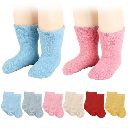 Spencer 2 Pairs Baby Toddler Socks with Grippers Non Slip Ankle Crew Socks Kids Boys Girls Warm Thick Fuzzy Socks for Infants 0-36 Months "Blue"