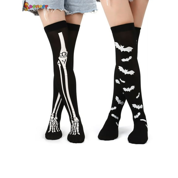 Spencer 2 Pairs Halloween Thigh High Long Stockings Over the Knee Spider Socks Cosplay Pumpkin Bat Sock
