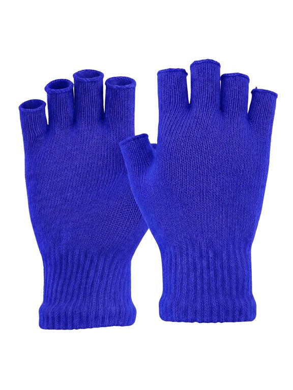 2 Pairs Unisex Half Finger Gloves Stretchy Knit Fingerless Winter Gloves Without Flap Cover Mitten Gloves "Blue"