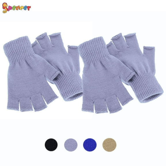 Spencer 2 Pairs Unisex Half Finger Gloves Stretchy Knit Fingerless Winter Gloves Without Flap Cover Mitten Gloves "Grey"