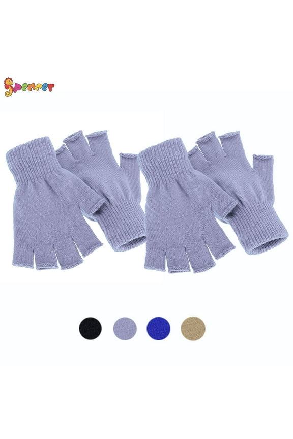 2 Pairs Unisex Half Finger Gloves Stretchy Knit Fingerless Winter Gloves Without Flap Cover Mitten Gloves "Grey"