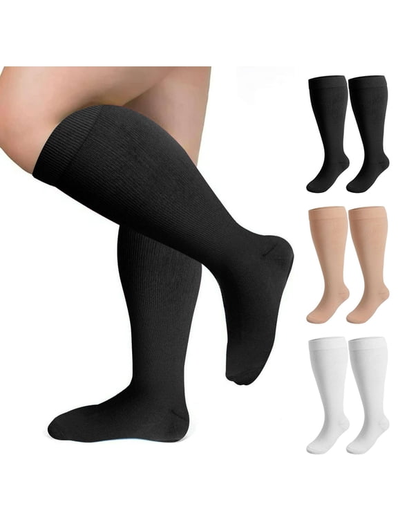 2 Pairs Wide Calf Compression Socks for Women Men Plus Size 15-20mmHg Knee High Support Stockings, 3XL-4XL