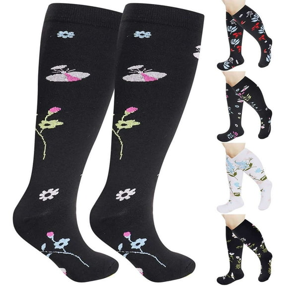 Spencer 2 Pairs Wide Calf Compression Socks for Women Men Plus Size 15-20mmHg Knee High Support Stockings Flower Pattern, 2XL-4XL