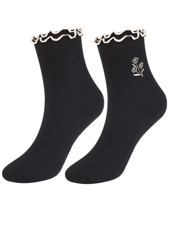 2 Pairs Womens Socks Ruffle Turn-Cuff Comfort Crew Socks Cotton Cushioned Ankle Socks for Women, Black