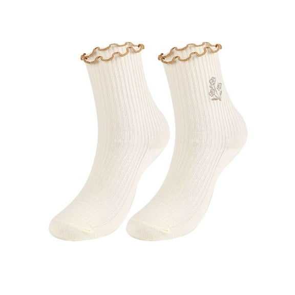 Spencer 2 Pairs Womens Socks Ruffle Turn-Cuff Comfort Crew Socks Cotton Cushioned Ankle Socks for Women, White
