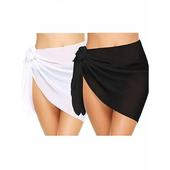 Spencer 2 Pieces Women's Short Sarong Beach Wrap Sheer Bikini Swimsuit Cover Ups Chiffon Wrap Skirt for Swimwear (Black&White)