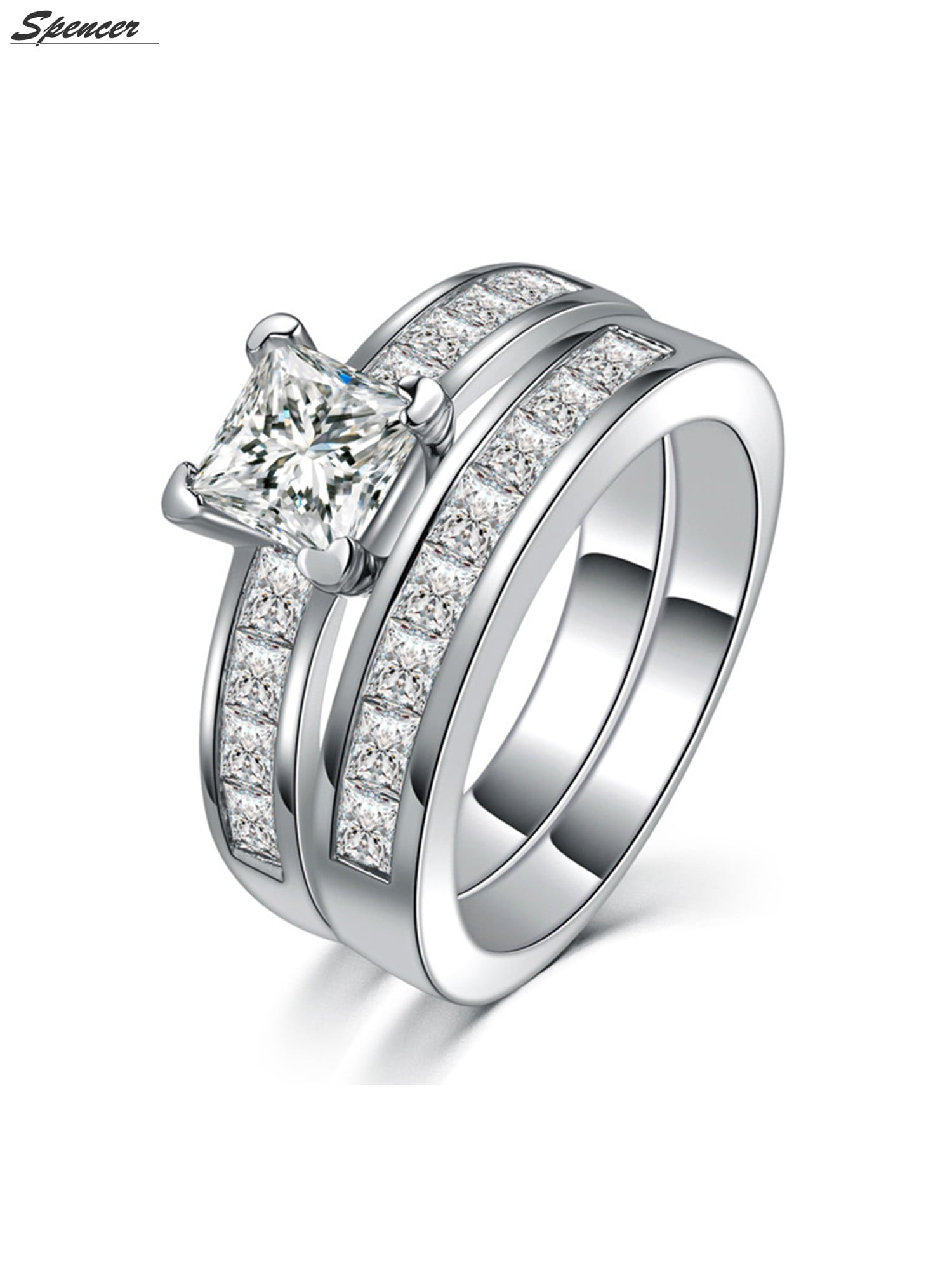 Spencer 2 in 1 Princess Cut Rings Zircon 18k Platinum Plating