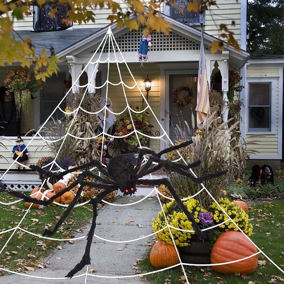 Spencer 200" Halloween Spider Web with 59" Giant Spider Decorations Fake Spider Triangular Huge Spider Web for Indoor Outdoor Yard Home Halloween Party Haunted House Decor