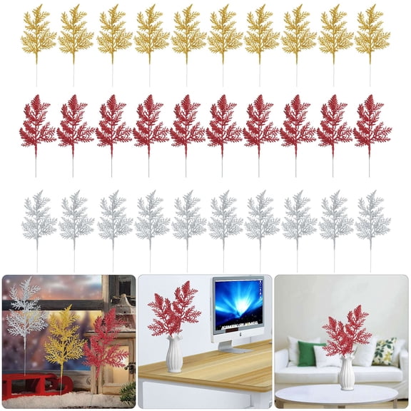 Spencer 20PCS Red Ferns Artificial Christmas Glitter Pine Leaves Picks Needles Simulated Tree Branch Ornaments for DIY Xmas Tree Wreath Wedding New Year Decorations