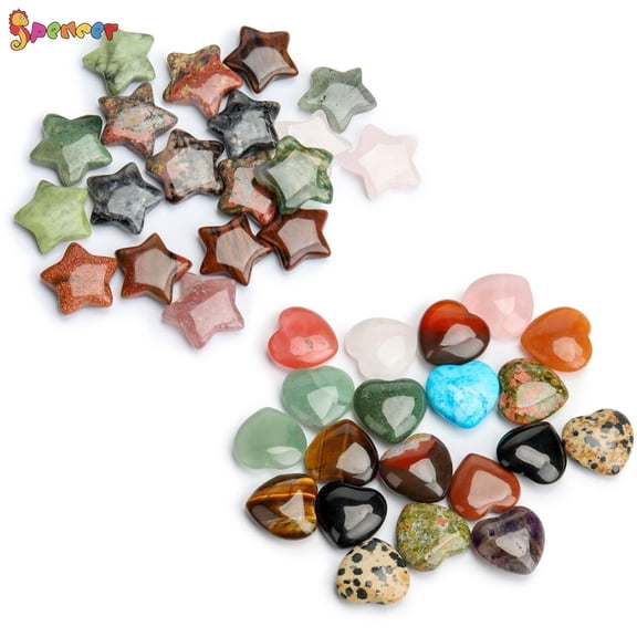 Spencer 20Pcs Tumled Healing Crystal Pocket Stone Mini Puffy Heart & Star Assorted Rock Collection