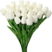 Spencer 20Pcs White Artificial Tulips Flowers Real Touch Fake Tulips for Wedding Bouquets Arrangement Valentine's Day Party Room Decor