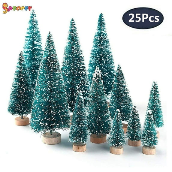 Spencer 25Pcs Mini Sisal Snow Frost Christmas Trees Bottle Brush Trees Plastic Winter Snow Ornaments Tabletop Trees for Xmas Party Home Party Diorama Models