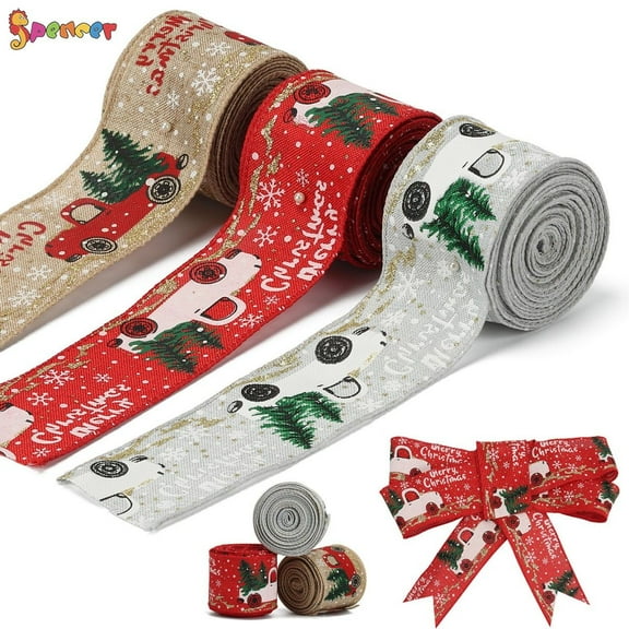 Spencer 2PCS Christmas Vintage Truck Wired Burlap Ribbon 5.5 Yards 2 Inch Burlap Christmas Wired Edge Craft Ribbons for Christmas Wrapping, Crafts Decoration (Gray)