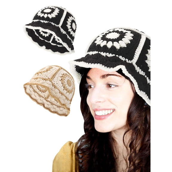 Spencer 2PCS Crochet Bucket Hat for Women Knit Handmade Foldable Floppy Beach Hat Fashion Fisherman Hat Cute Flower Pattern Cap, Black+Beige