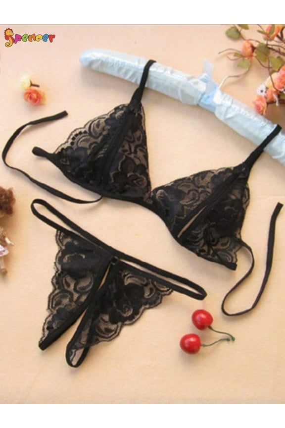 2PCS Womens Sexy Lingerie Lace Bralette Bra Panty Set Floral Babydoll Strappy G String T-Back Thongs Panties Sleepwear "L,Black"