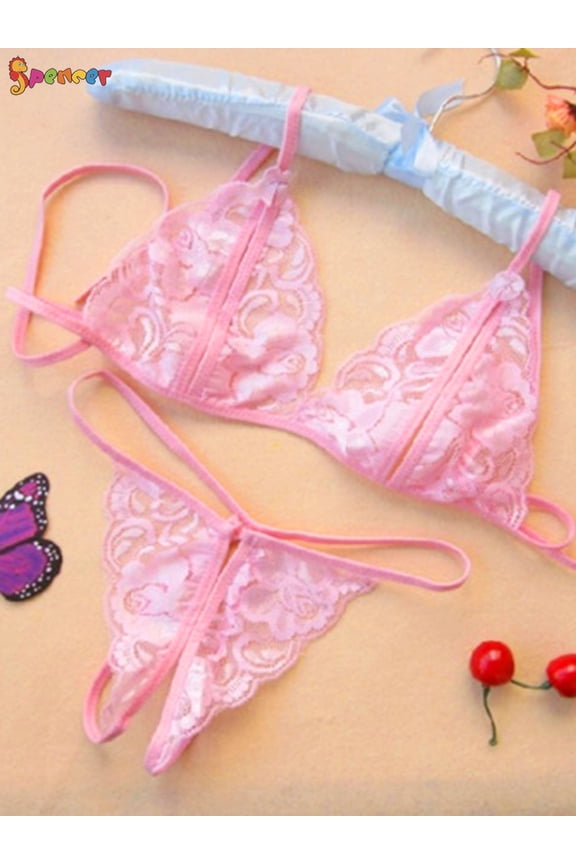 2PCS Womens Sexy Lingerie Lace Bralette Bra Panty Set Floral Babydoll Strappy G String T-Back Thongs Panties Sleepwear "L,Pink"