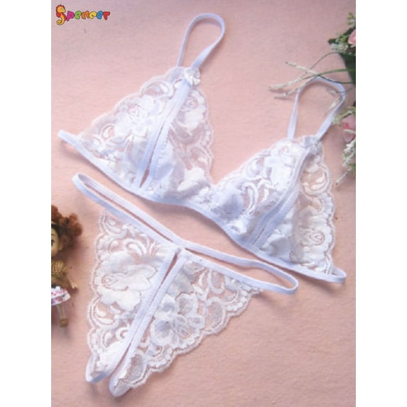 Spencer 2PCS Womens Sexy Lingerie Lace Bralette Bra Panty Set Floral Babydoll Strappy G String T-Back Thongs Panties Sleepwear "L,White"
