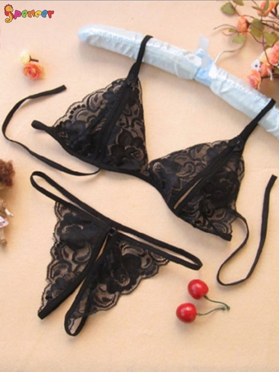 2PCS Womens Sexy Lingerie Lace Bralette Bra Panty Set Floral Babydoll Strappy G String T-Back Thongs Panties Sleepwear "M,Black"