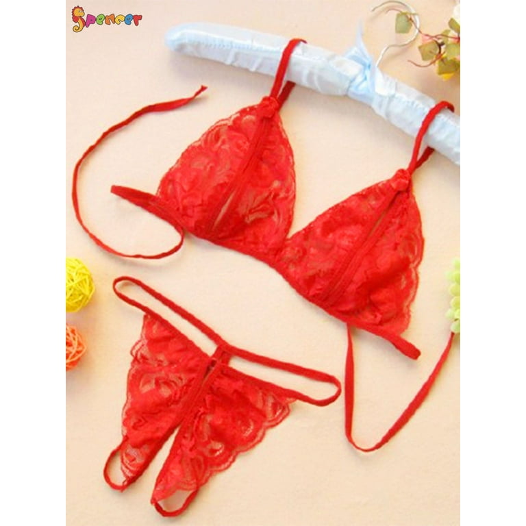 Spencer 2PCS Womens Sexy Lingerie Lace Bralette Bra Panty Set Floral  Babydoll Strappy G String T-Back Thongs Panties Sleepwear M,Red