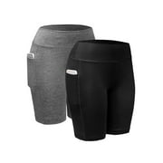 Spencer 2Pack Womens High Waist Yoga Shorts with Side Pockets Tummy Control Workout 4 Way Stretch Yoga Leggings "XL, Black&Gray"
