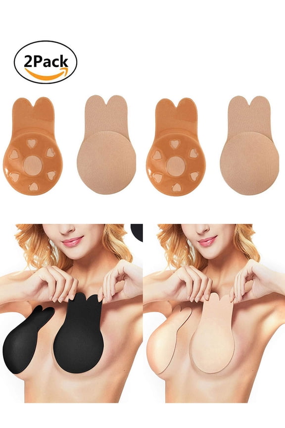 2Pairs Women's Rabbit Ear Invisible Lifting Bras Reusable Silicone Nipple Covers Push Up Backless Bra "Beige, Cup A/B"