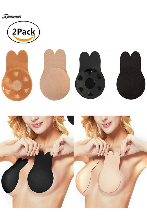 2Pairs Women's Rabbit Ear Invisible Lifting Bras Reusable Silicone Nipple Covers Push Up Backless Bra "Black&Beige, Cup A/B"