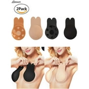 Spencer 2Pairs Women's Rabbit Ear Invisible Lifting Bras Reusable Silicone Nipple Covers Push Up Backless Bra "Black&Beige, Cup C/D"