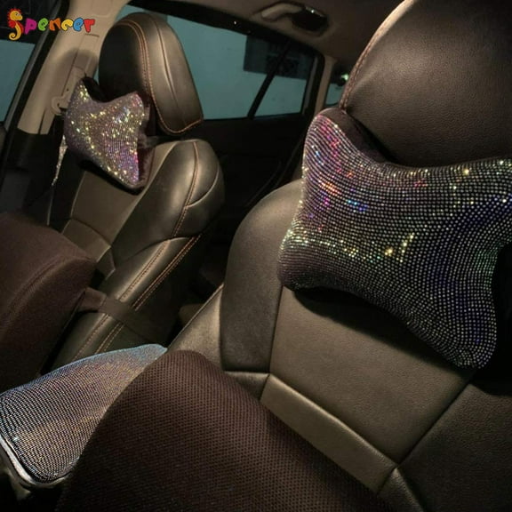 Spencer 2Pcs Bling Bling Rhinestones Diamond Car Seat Head Rest Support Pillow Luster Crystal Neck Rest Diamond Car Accessories Decor