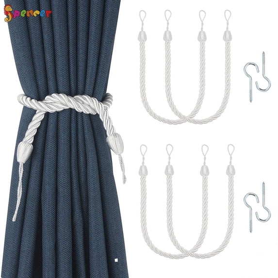 Spencer 2Pcs Braided Curtain Tiebacks, Rope Belt Curtain Tie Buckle Holdback Drapery Curtain Tie Back with 2 Metal Hooks (White)
