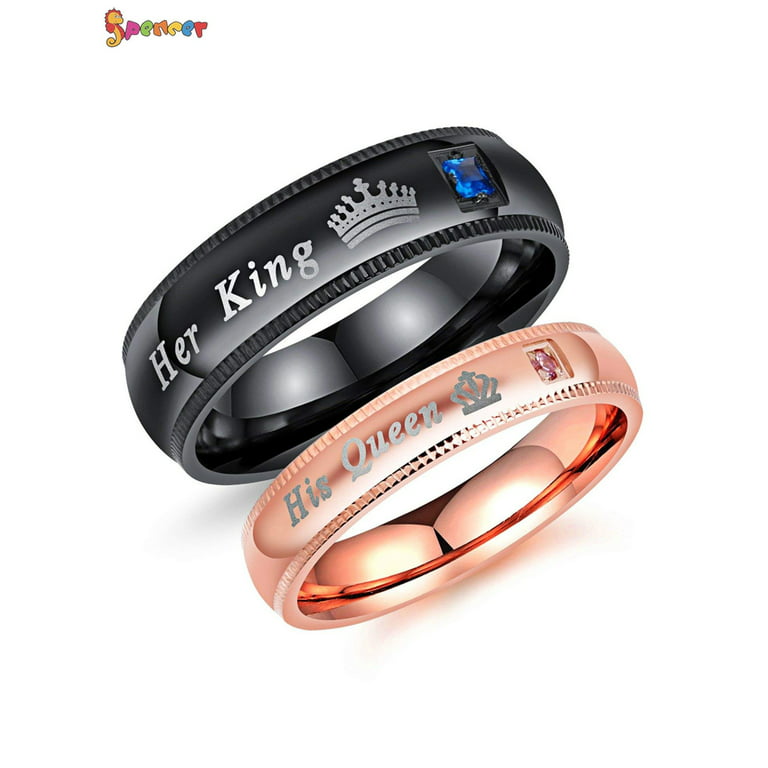 Spencer 2Pcs Couple's Matching Rings Set His Queen and Her King Stainless  Steel Engagement Wedding Band Valentine's Day Gifts Black & Rose Gold