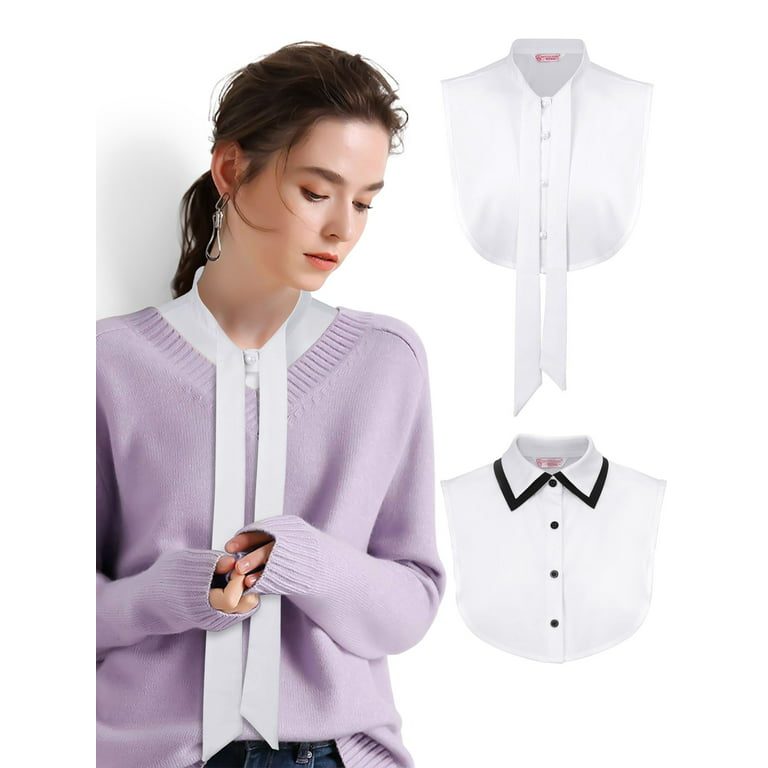 Spencer 2Pcs Fake Collar Detachable Dickey Collar Blouse Half Shirts  Chiffon Elegant False Collar for Girls and Women (White Pointed& Bow-knot)