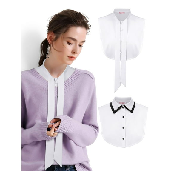 Spencer 2Pcs Fake Collar Detachable Dickey Collar Blouse Half Shirts Chiffon Elegant False Collar for Girls and Women (White Pointed& Bow-knot)