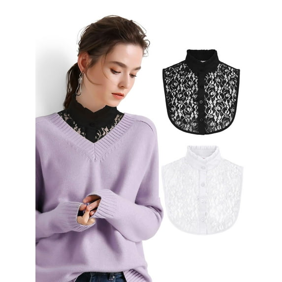 Spencer 2Pcs Fake Collar Detachable Dickey Collar Blouse Half Shirts Lace Elegant False Collar for Girls and Women (Black& White Lace)
