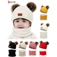 thumbnail image 1 of Spencer 2Pcs Kids Winter Beanie Hat and Scarf Set Warm Knitted Fleece Lined Ski Pom Pom Cap for Boys Girls "Beige", 1 of 8
