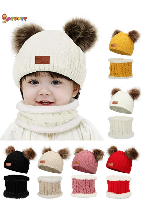 2Pcs Kids Winter Beanie Hat and Scarf Set Warm Knitted Fleece Lined Ski Pom Pom Cap for Boys Girls "Pink"