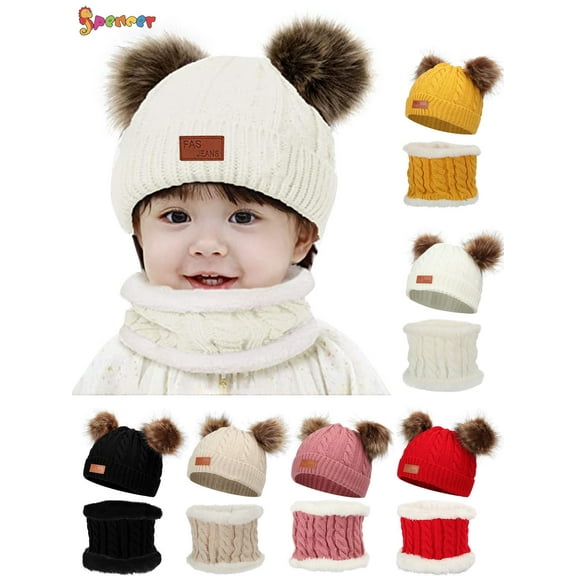 Spencer 2Pcs Kids Winter Beanie Hat and Scarf Set Warm Knitted Fleece Lined Ski Pom Pom Cap for Boys Girls "White"