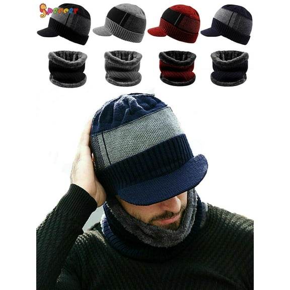 Spencer 2Pcs Men Women Winter Hat Knit Cable Visor Beanie Hat Scarf Set Warm Fleece Lining Thick Knit Skull Cap with Brim "Black"