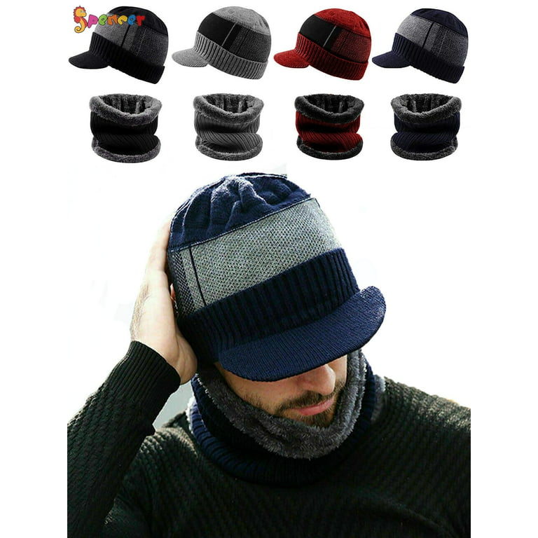 Spencer 2Pcs Men Women Winter Hat Knit Cable Visor Beanie Hat Scarf Set  Warm Fleece Lining Thick Knit Skull Cap with Brim Black