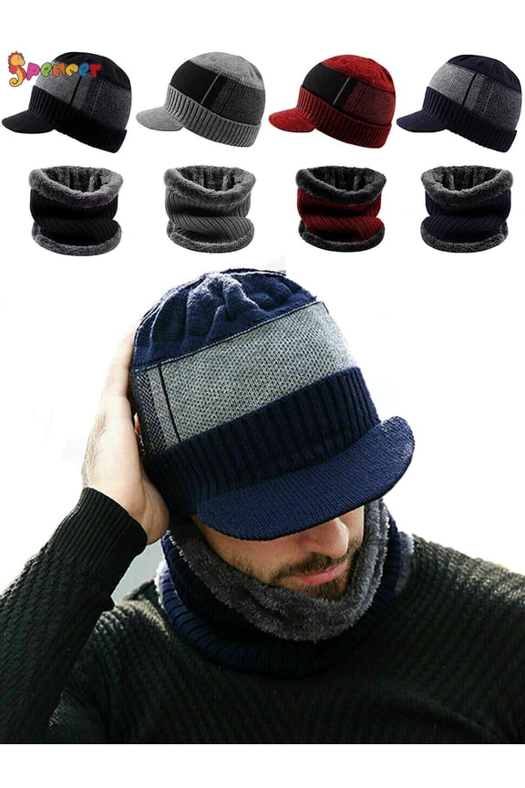 2Pcs Men Women Winter Hat Knit Cable Visor Beanie Hat Scarf Set Warm Fleece Lining Thick Knit Skull Cap with Brim "Black"