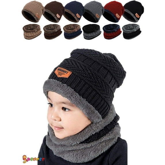 Spencer 2Pcs Winter Beanie Hat Scarf Set Lined Warm Knitted Hat Thick Skull Cap for Child Kids "Black"
