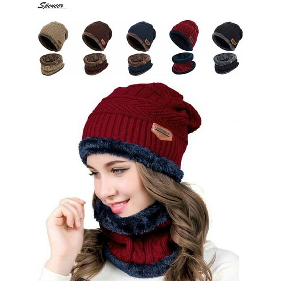 Spencer 2Pcs Winter Beanie Hat Scarf Set Lined Warm Knitted Hat Thick Skull Cap for Men Women "Light Brown"