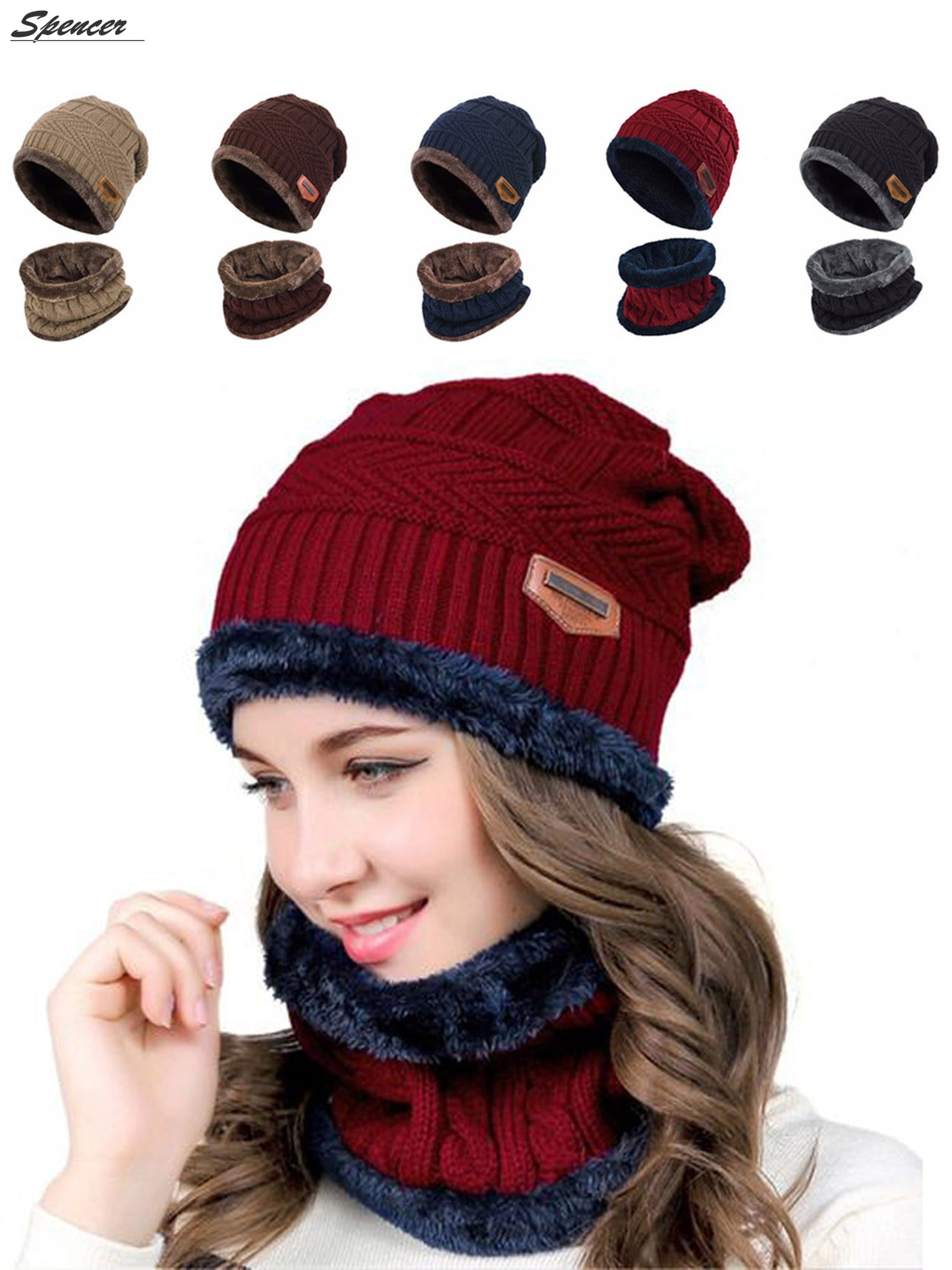 Spencer 2Pcs Winter Beanie Hat Scarf Set Lined Warm Knitted Hat Thick Skull  Cap for Men Women Blue 