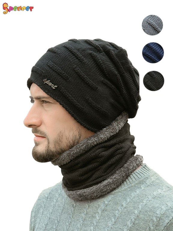 2Pcs Winter Hats Scarf Set Warm Knitted Beanie Hat Thick Fleece Lined Skull Cap Head Neck Warmer for Men Women