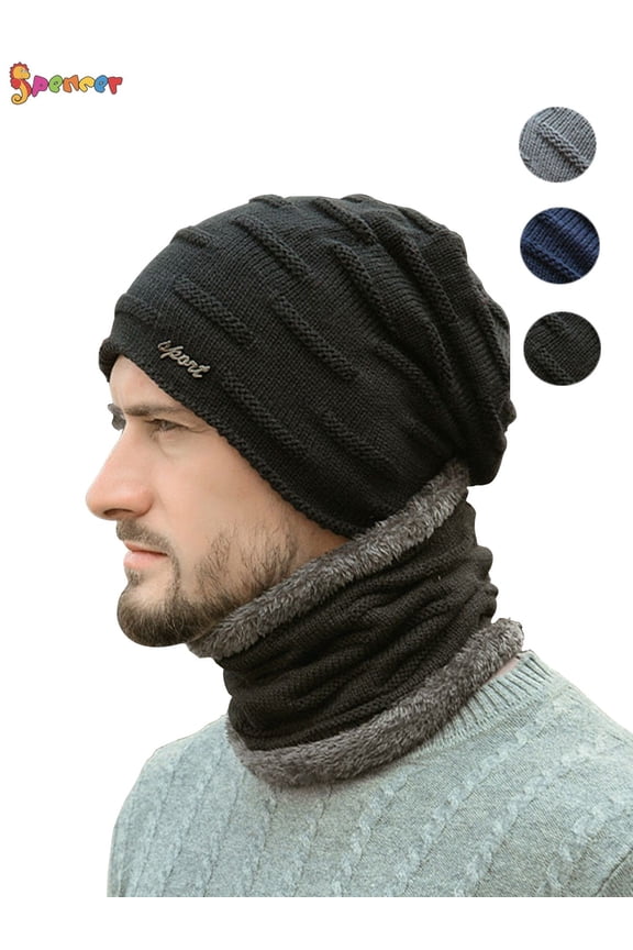 2Pcs Winter Hats Scarf Set Warm Knitted Beanie Hat Thick Fleece Lined Skull Cap Head Neck Warmer for Men Women