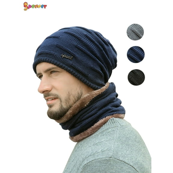 Spencer 2Pcs Winter Hats Scarf Set Warm Knitted Beanie Hat Thick Fleece Lined Skull Cap Head Neck Warmer for Men Women