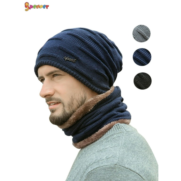 Spencer 2Pcs Winter Hats Scarf Set Warm Knitted Beanie Hat Thick Fleece  Lined Skull Cap Head Neck Warmer for Men Women