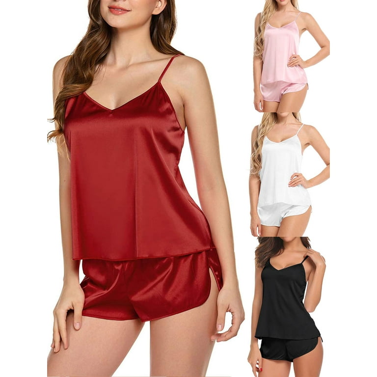 Spencer 2Pcs Women's Sexy Lingerie Sleepwear Set V Neck Silk Satin Pajamas  Cami Shorts Set Nightwear (M, Red)
