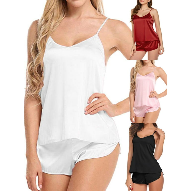 Spencer 2Pcs Women's Sexy Lingerie Sleepwear Set V Neck Silk Satin Pajamas  Cami Shorts Set Nightwear (M, White)