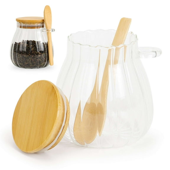 Spencer 2pcs 12 oz Glass Sugar Container with Spoon, Bamboo Lid Storage Jar Containers for Coffee Beans, Spice, Brown Sugar, Tea, Flour, Nuts, Candy, Salts and More